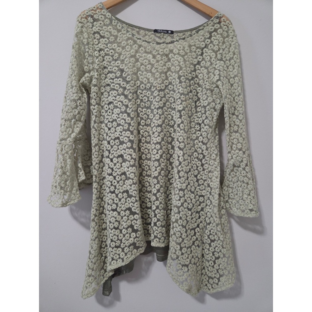 Adorn Sage Green‎ Floral Daisy Lace Tunic Top Bell Sleeve Womens Large